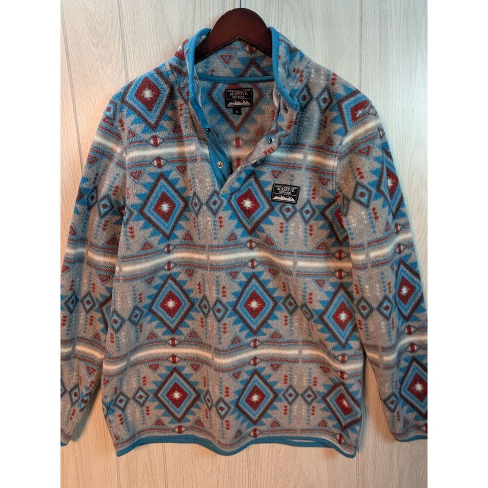 Massive Outdoor Mens Aztec Fleece Long Sleeve 1/4 Snap Button Size Medium Gray - Picture 2 of 7